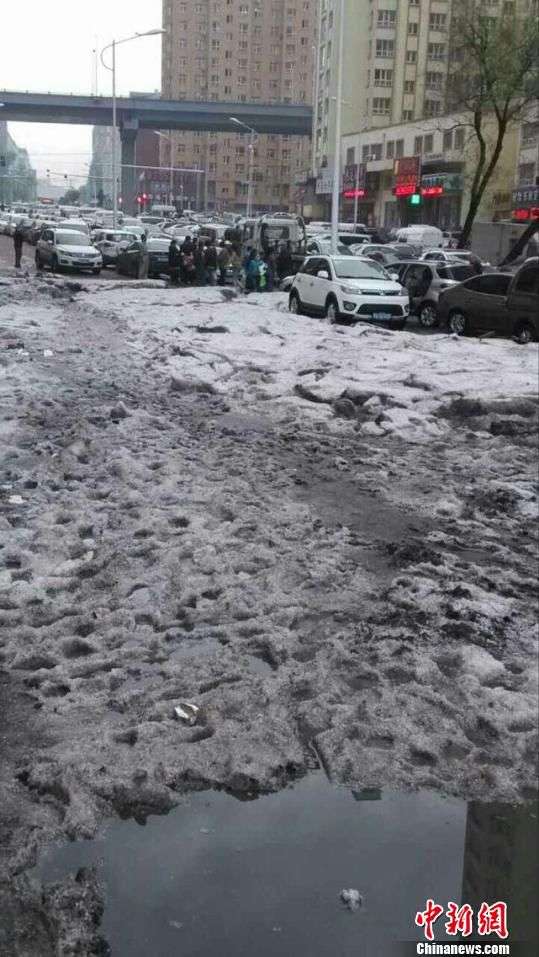哈尔滨突降冰雹 部分街道冰雹堆积约10厘米高　解培华　摄