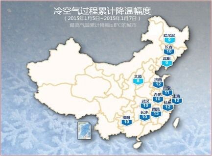 1月5-7日冷空气过程累计降温幅度图